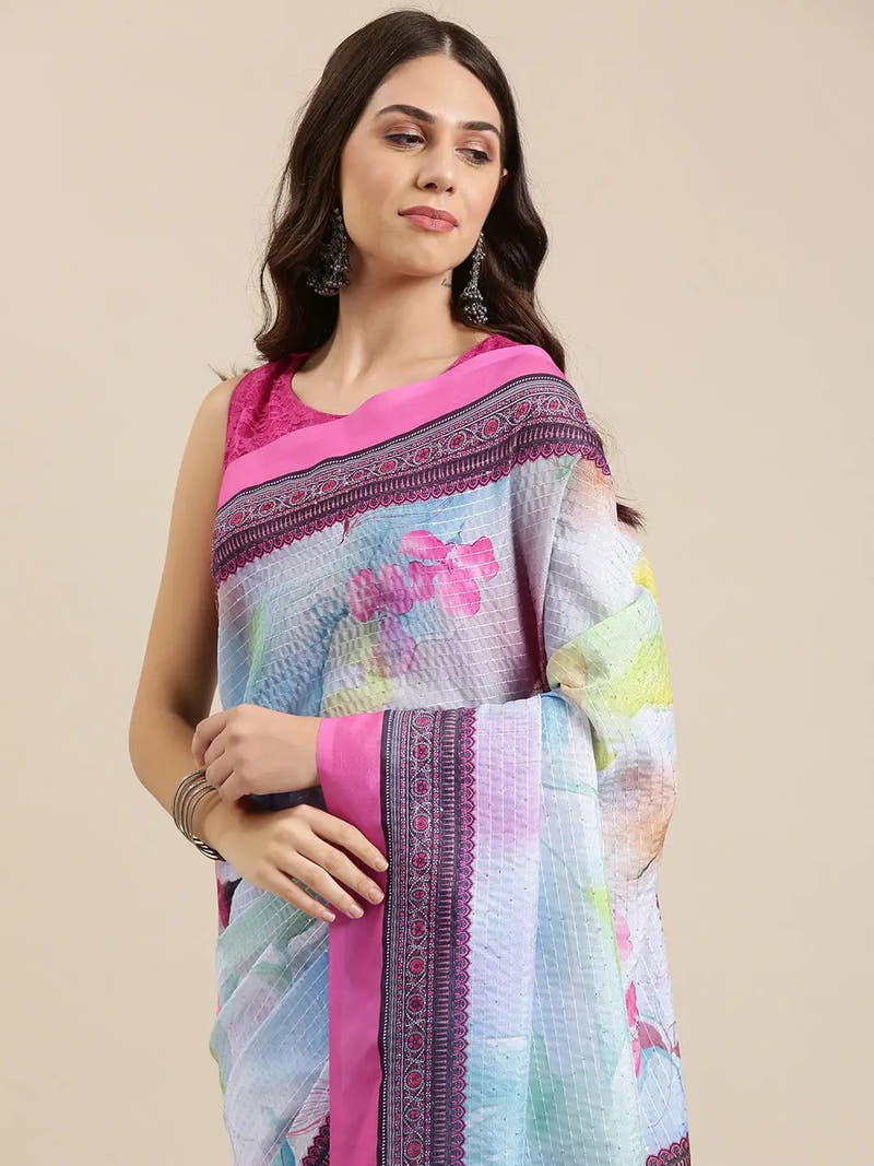 Beautiful Floral Print With Sequinned Work Silk Saree