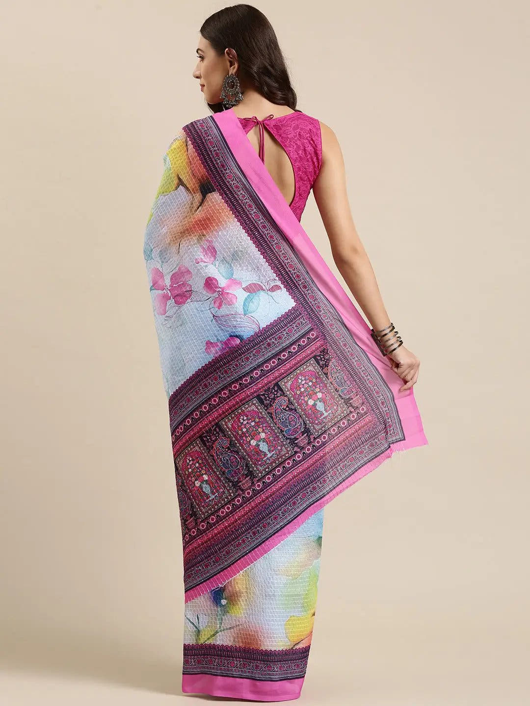 Beautiful Floral Print With Sequinned Work Silk Saree