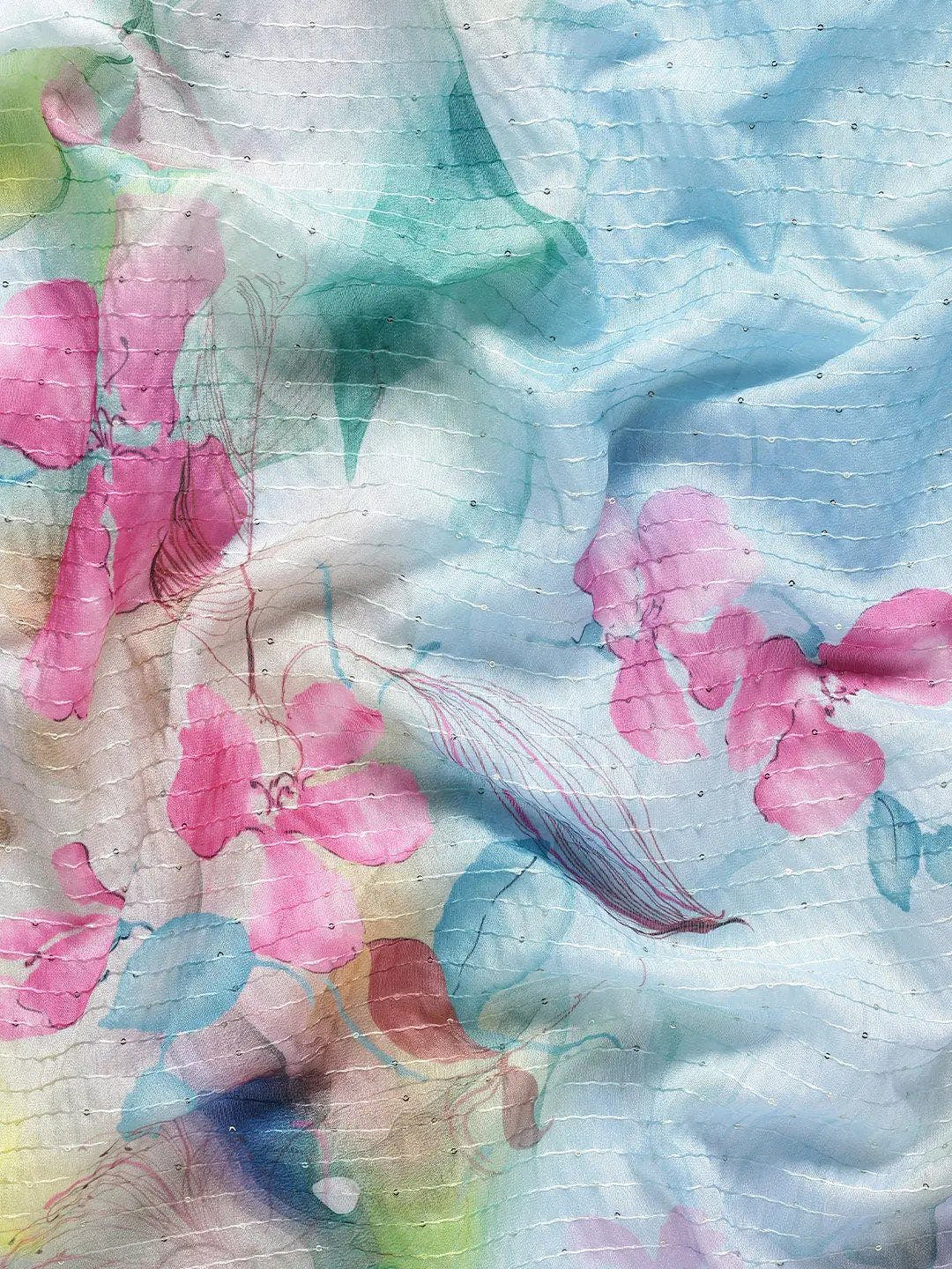 Beautiful Floral Print With Sequinned Work Silk Saree