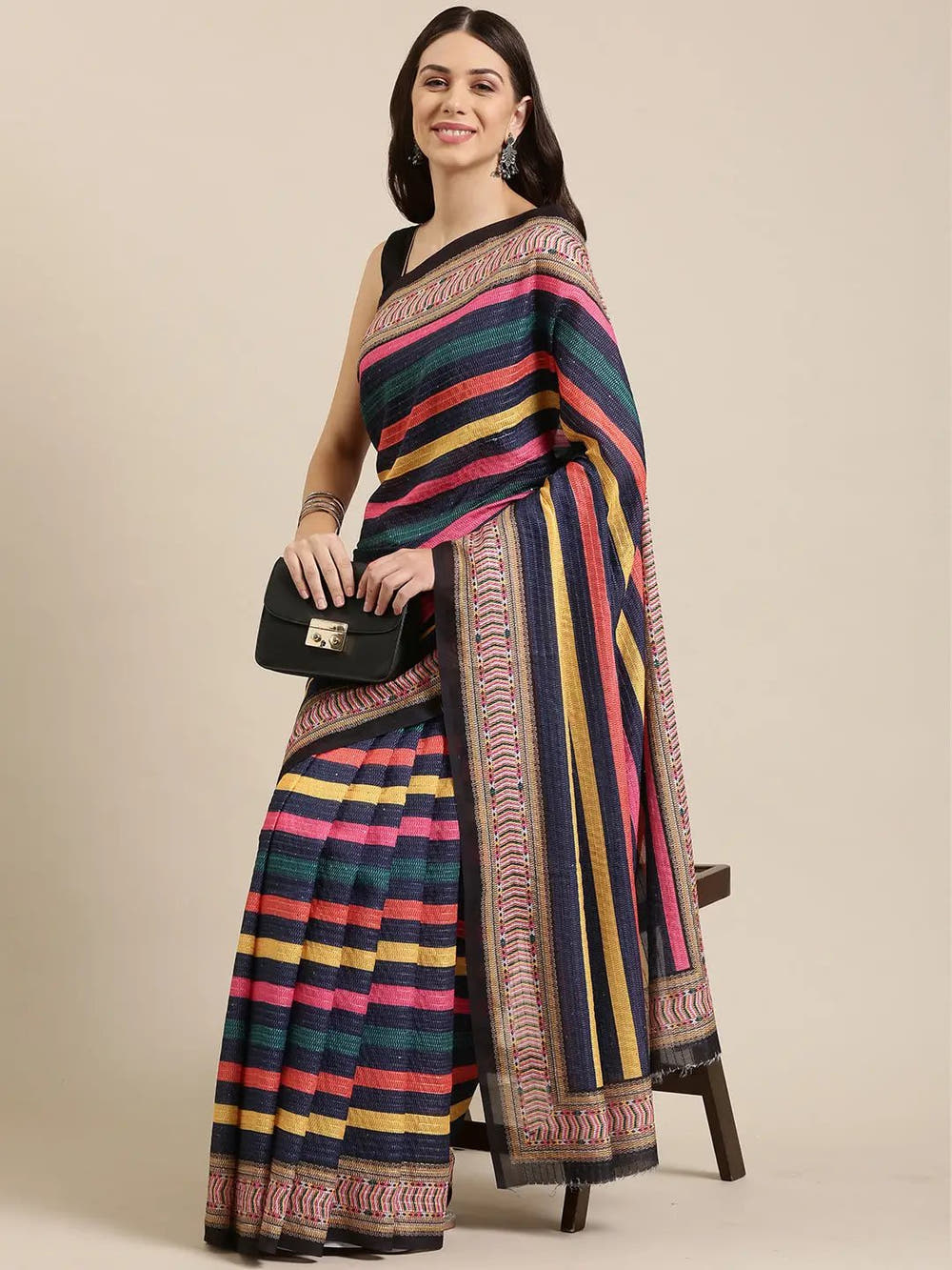 Beautiful Striped Print With Sequinned Work Silk Saree