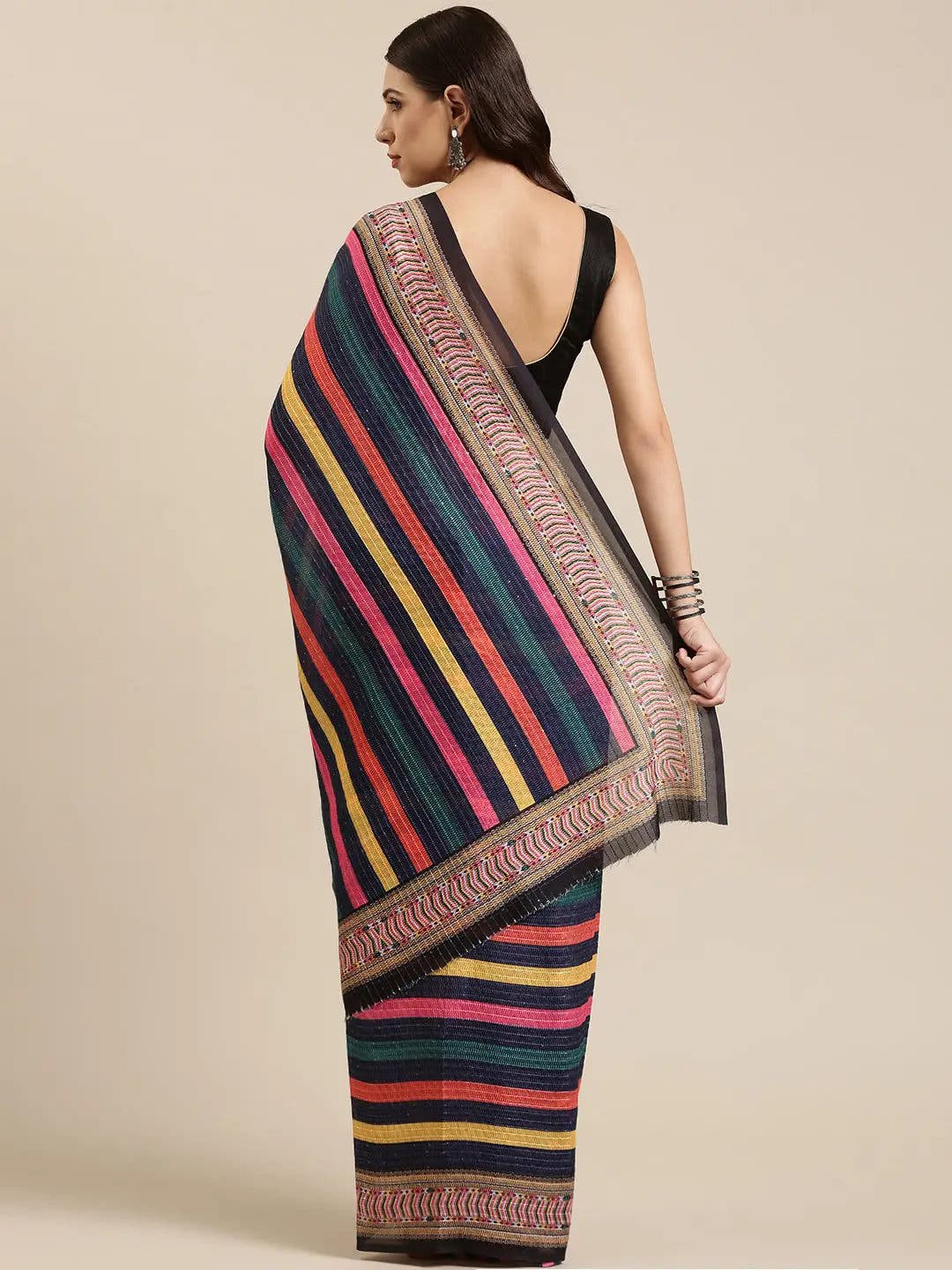 Beautiful Striped Print With Sequinned Work Silk Saree