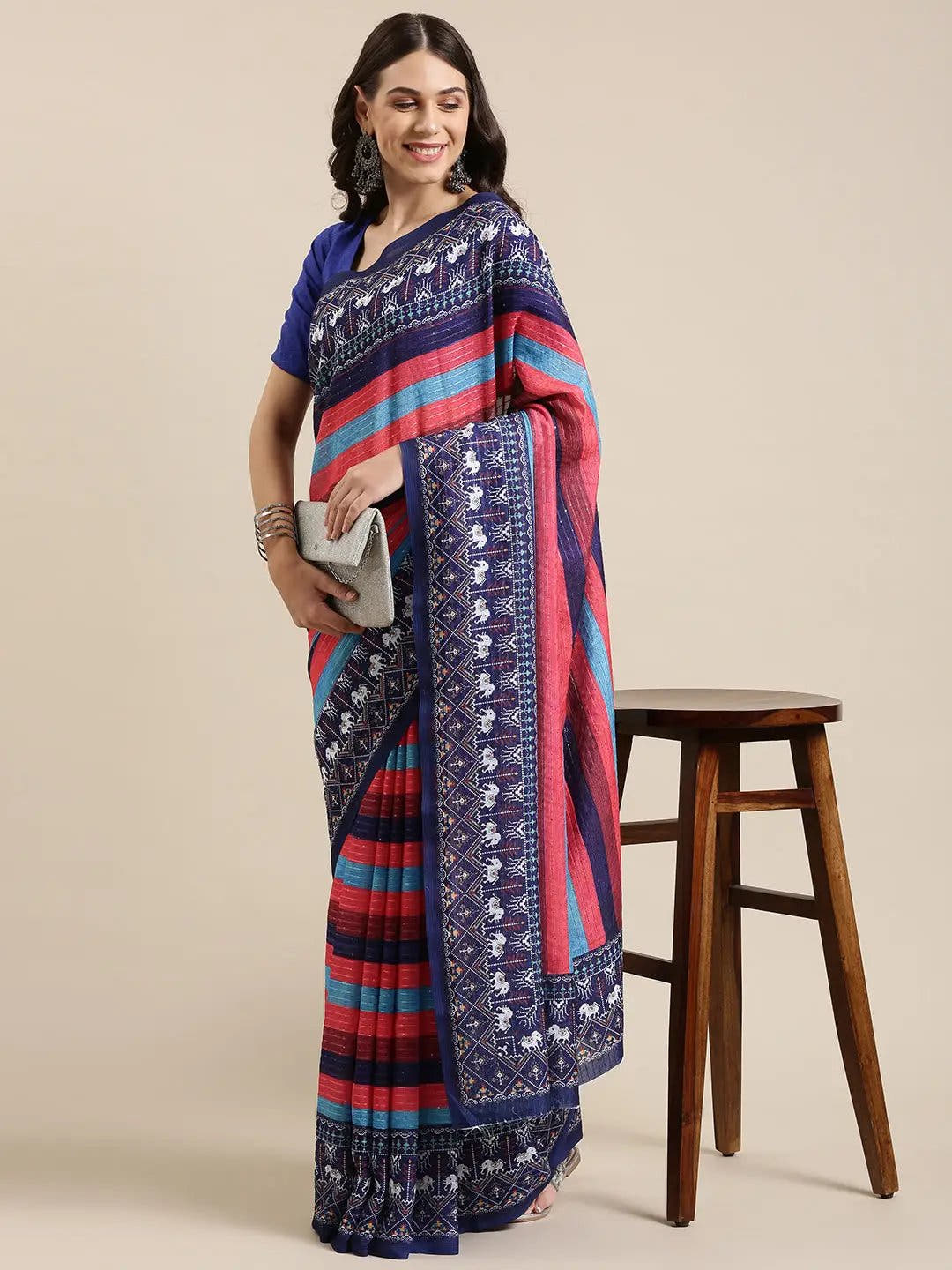 Beautiful Striped Print With Sequinned Work Silk Saree