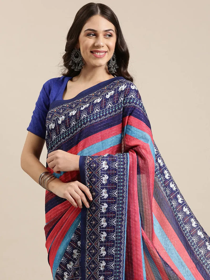 Beautiful Striped Print With Sequinned Work Silk Saree