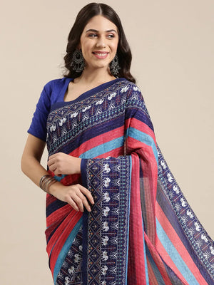 Beautiful Striped Print With Sequinned Work Silk Saree