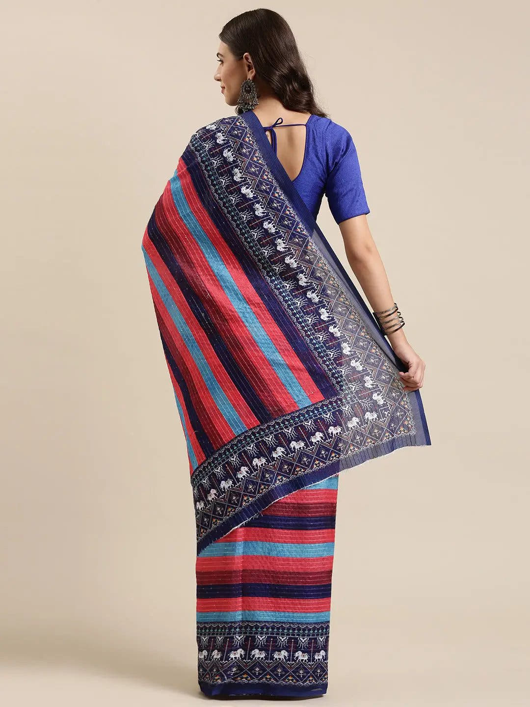 Beautiful Striped Print With Sequinned Work Silk Saree