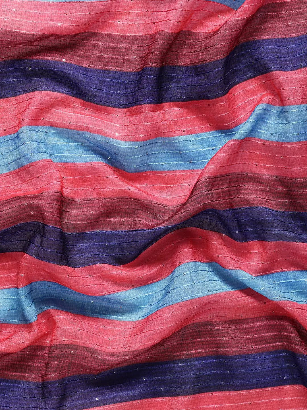 Beautiful Striped Print With Sequinned Work Silk Saree