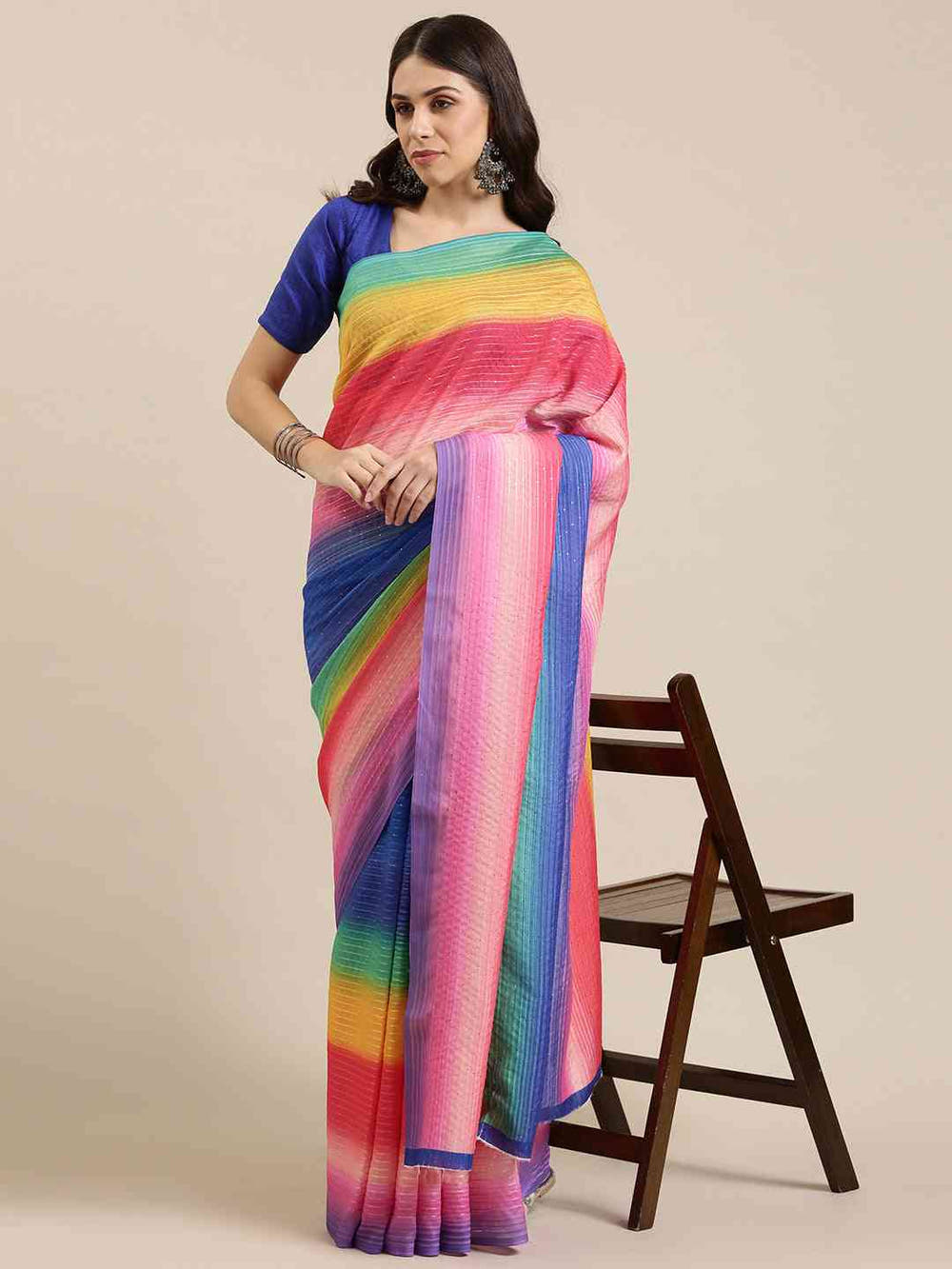 Beautiful Striped Print With Sequinned Work Silk Saree