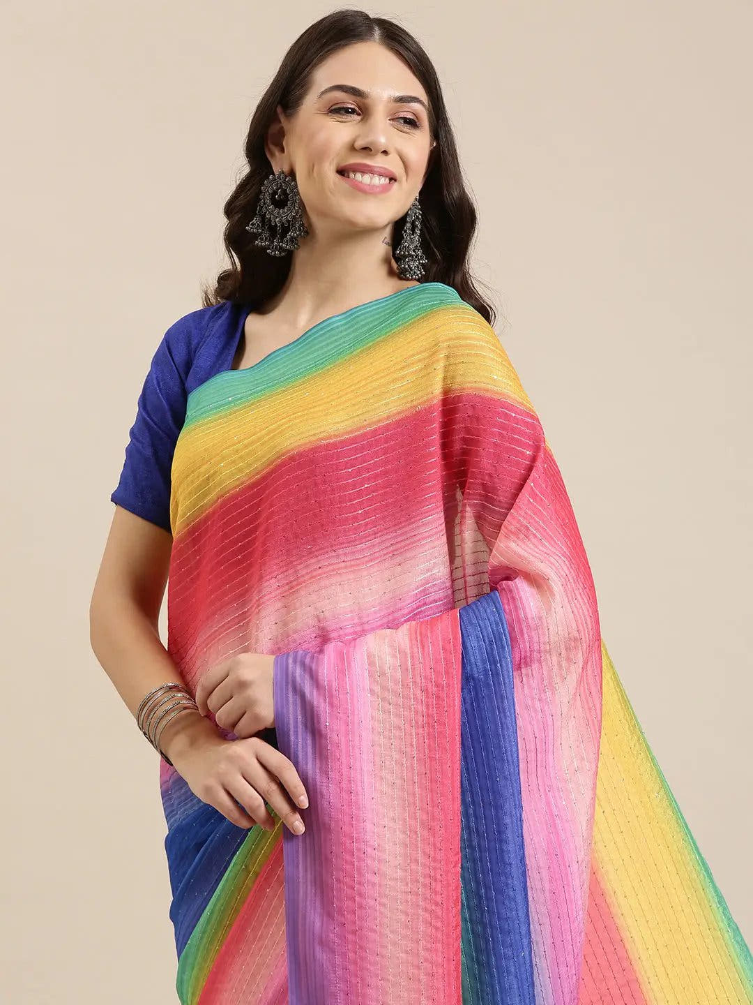 Beautiful Striped Print With Sequinned Work Silk Saree