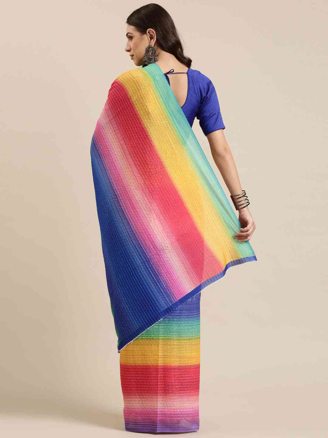 Beautiful Striped Print With Sequinned Work Silk Saree