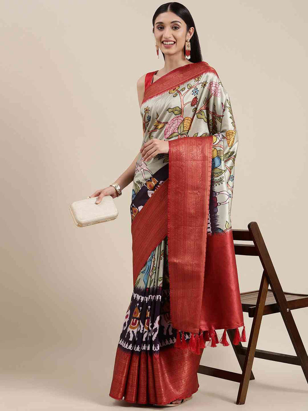 Green Colour Kalamkari Print Kanjivaram Zari Silk Saree