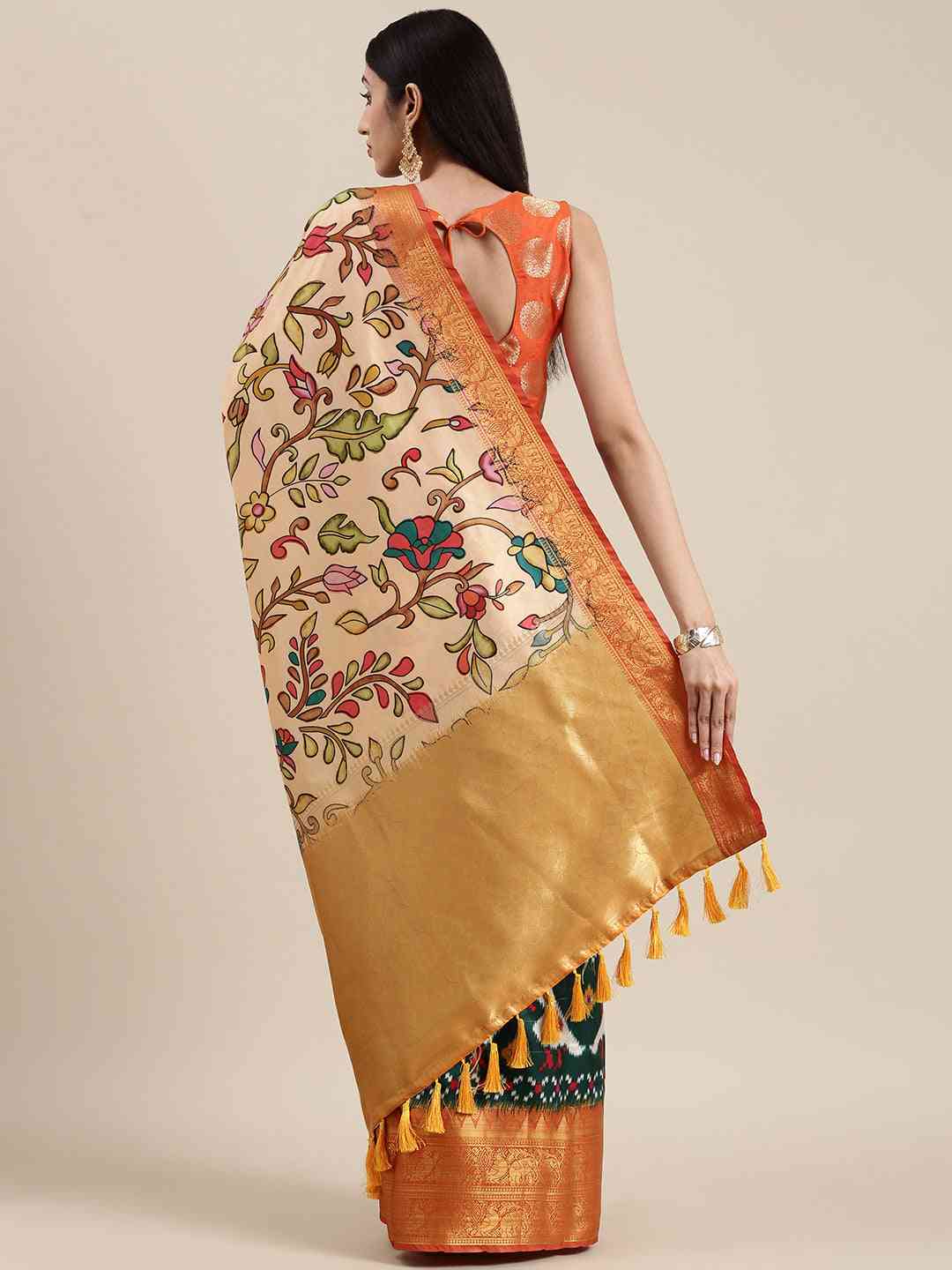 Cream Colour  Kalamkari Print Kanjivaram Zari Silk Saree