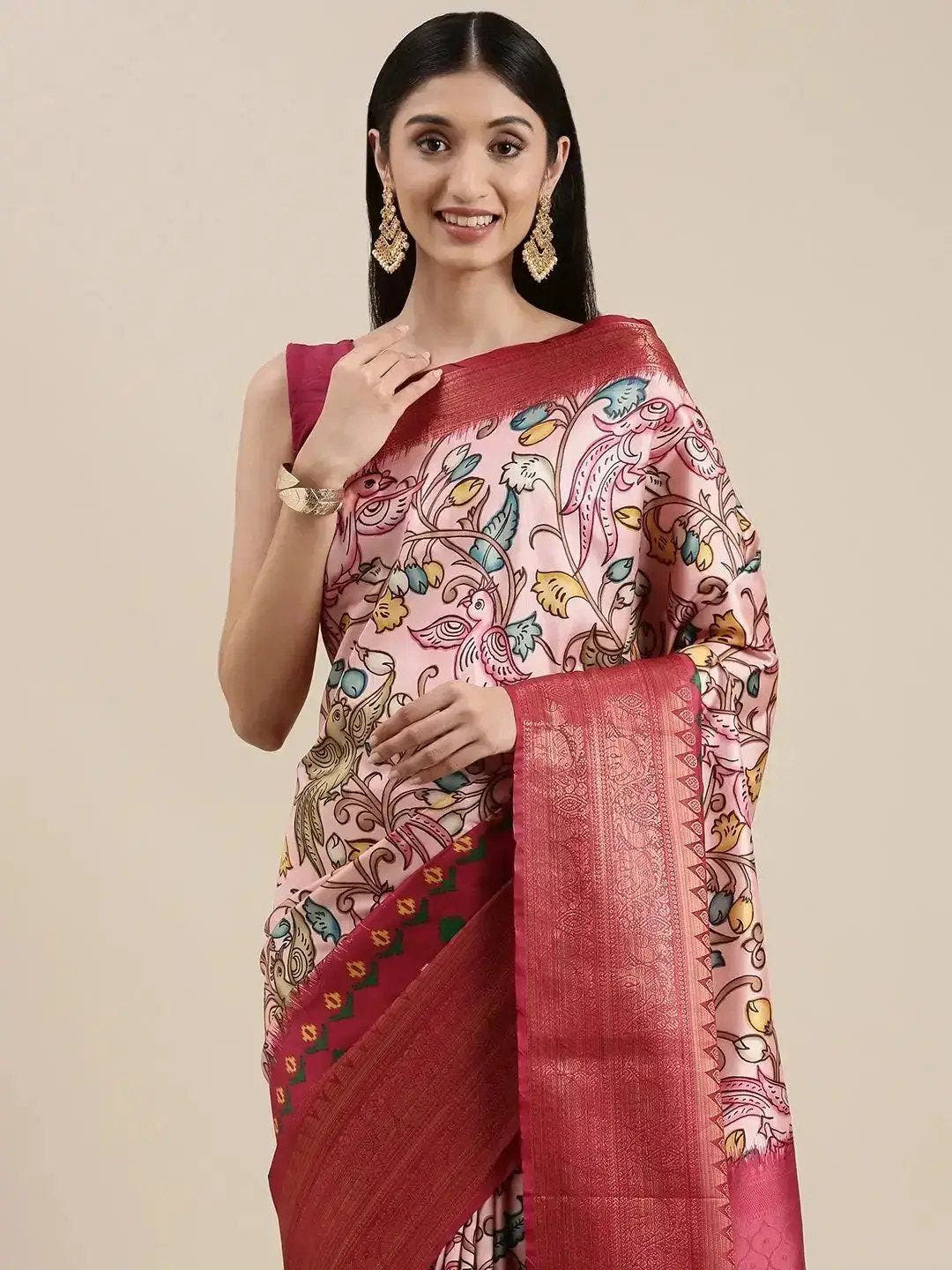 Pink Colour Kalamkari Print Kanjivaram Zari Silk Saree