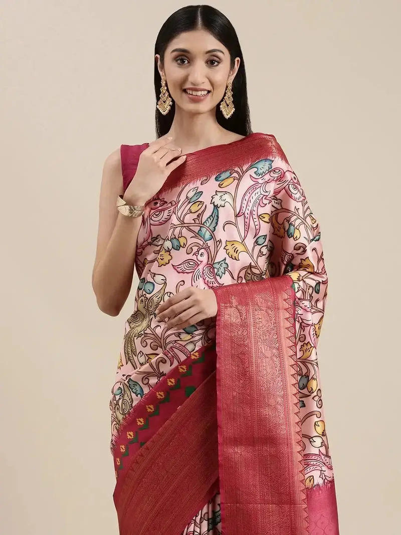 Pink Colour Kalamkari Print Kanjivaram Zari Silk Saree