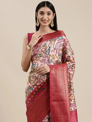 Pink Colour Kalamkari Print Kanjivaram Zari Silk Saree
