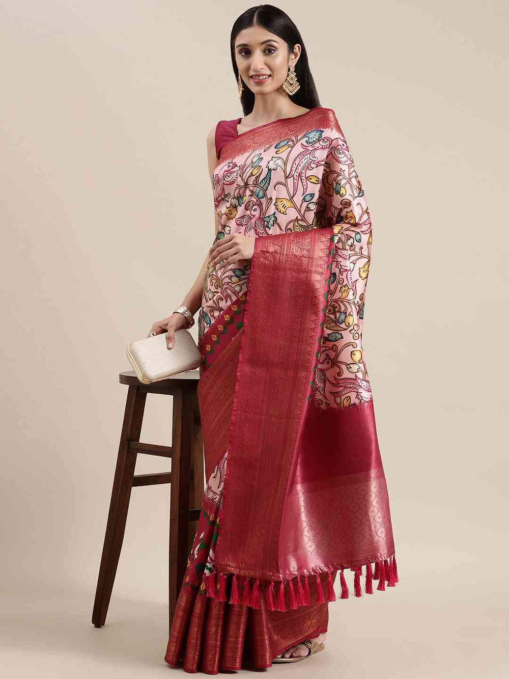 Pink Colour Kalamkari Print Kanjivaram Zari Silk Saree