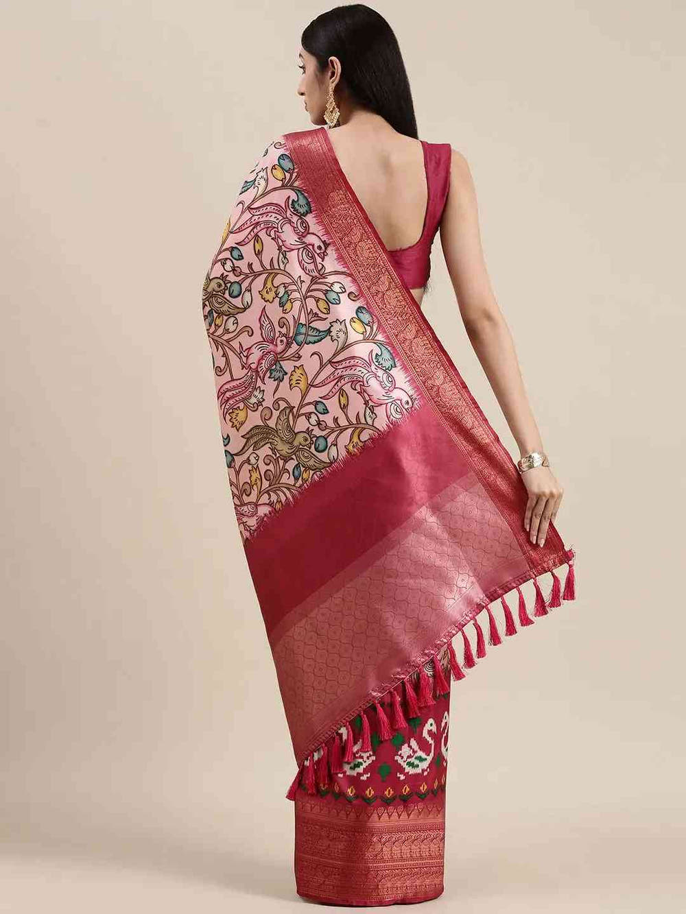 Pink Colour Kalamkari Print Kanjivaram Zari Silk Saree