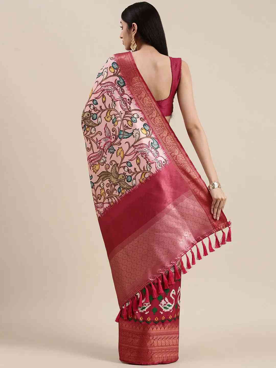 Pink Colour Kalamkari Print Kanjivaram Zari Silk Saree