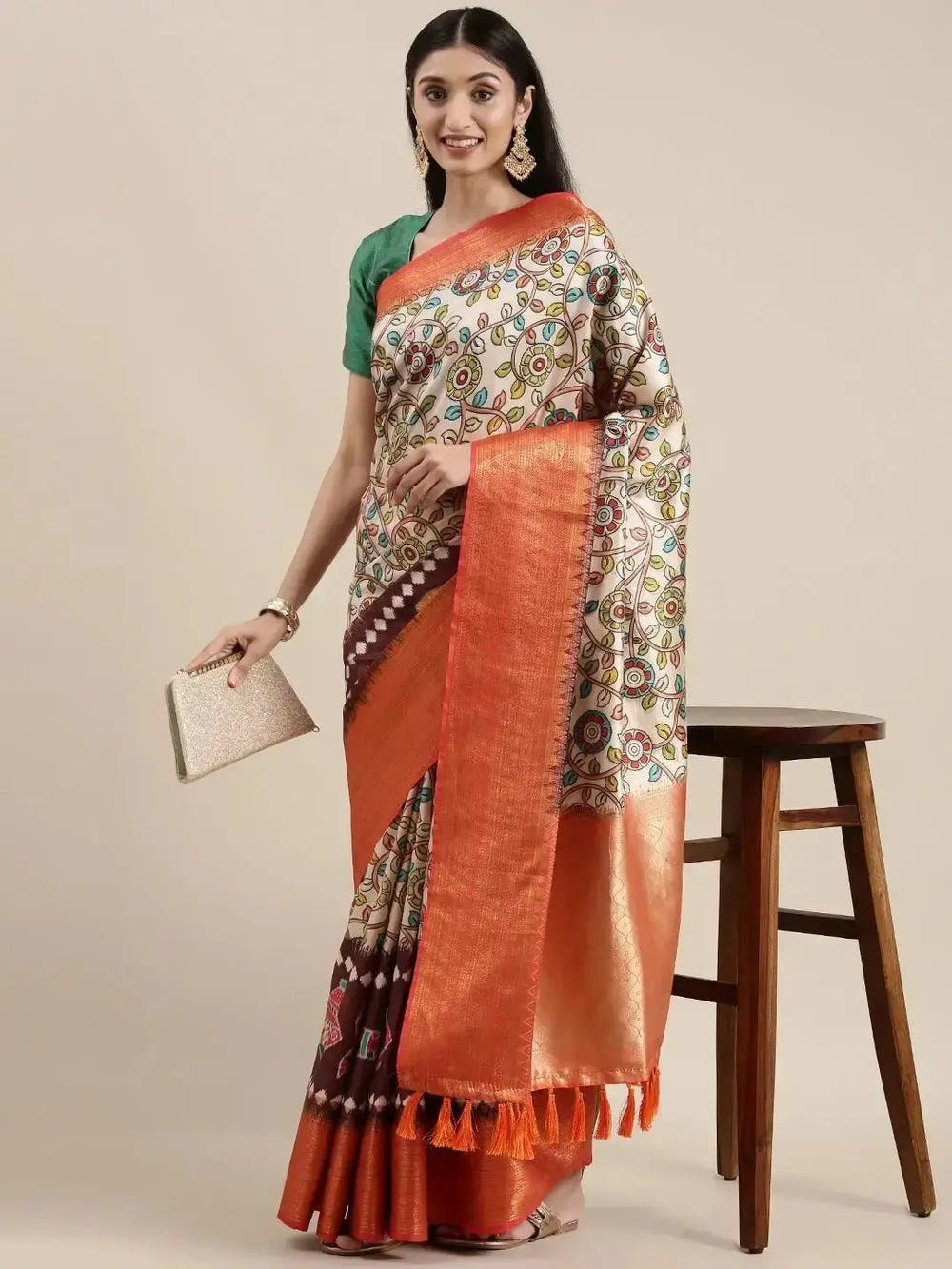 Orange Colour  Kalamkari Print Kanjivaram Zari Silk Saree