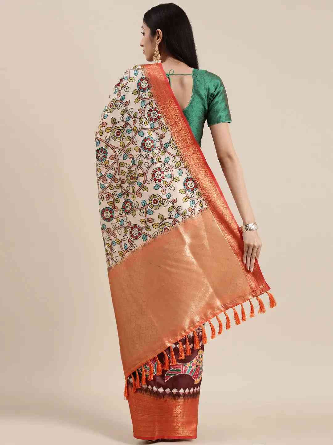 Orange Colour  Kalamkari Print Kanjivaram Zari Silk Saree