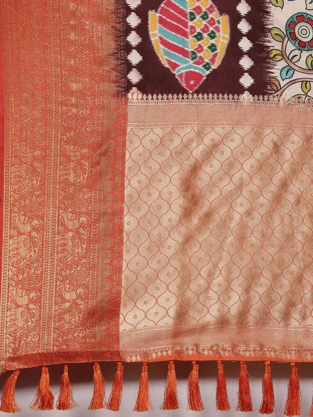 Orange Colour  Kalamkari Print Kanjivaram Zari Silk Saree