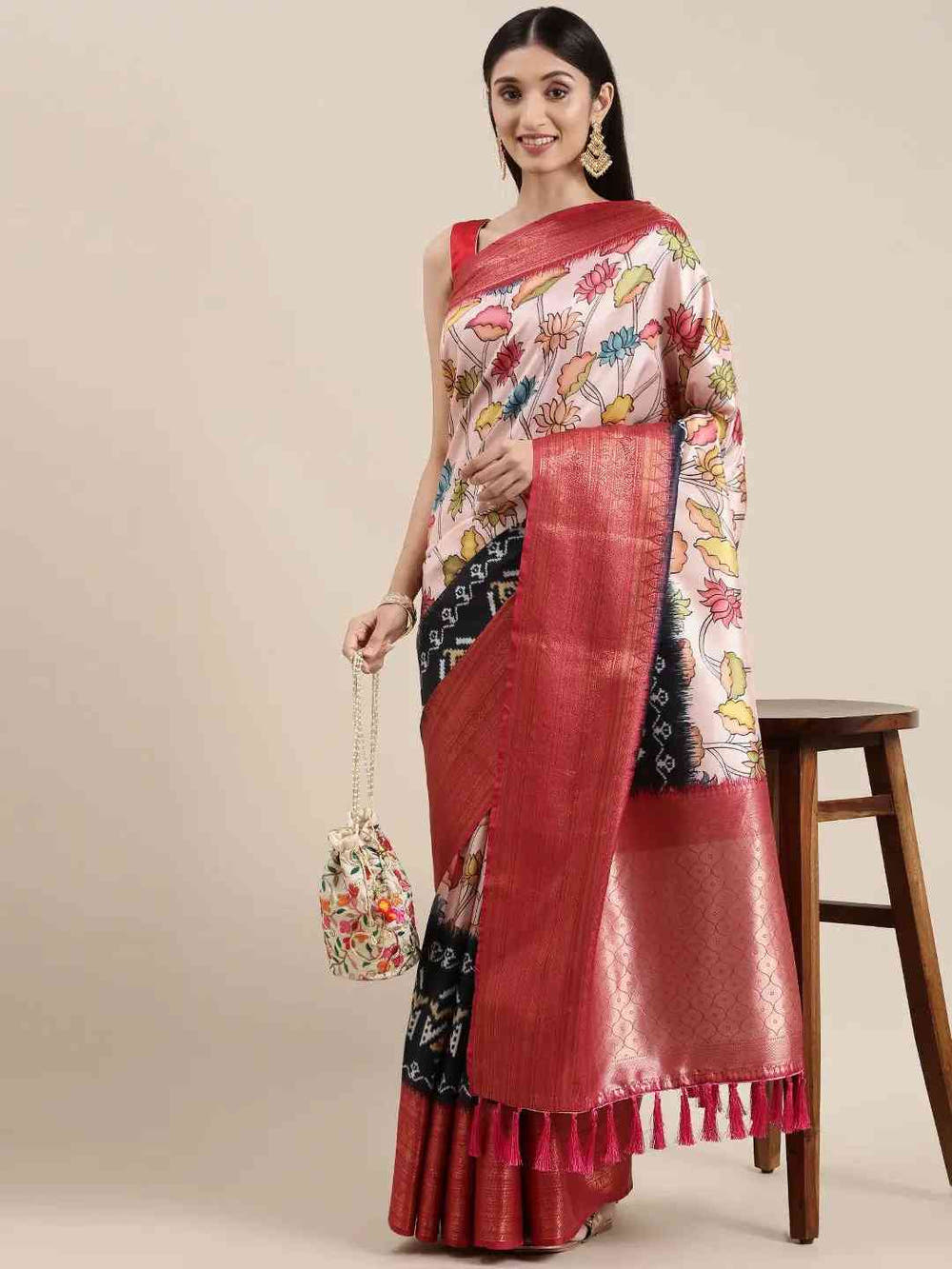 Pink Colour Kalamkari Print Kanjivaram Zari Silk Saree