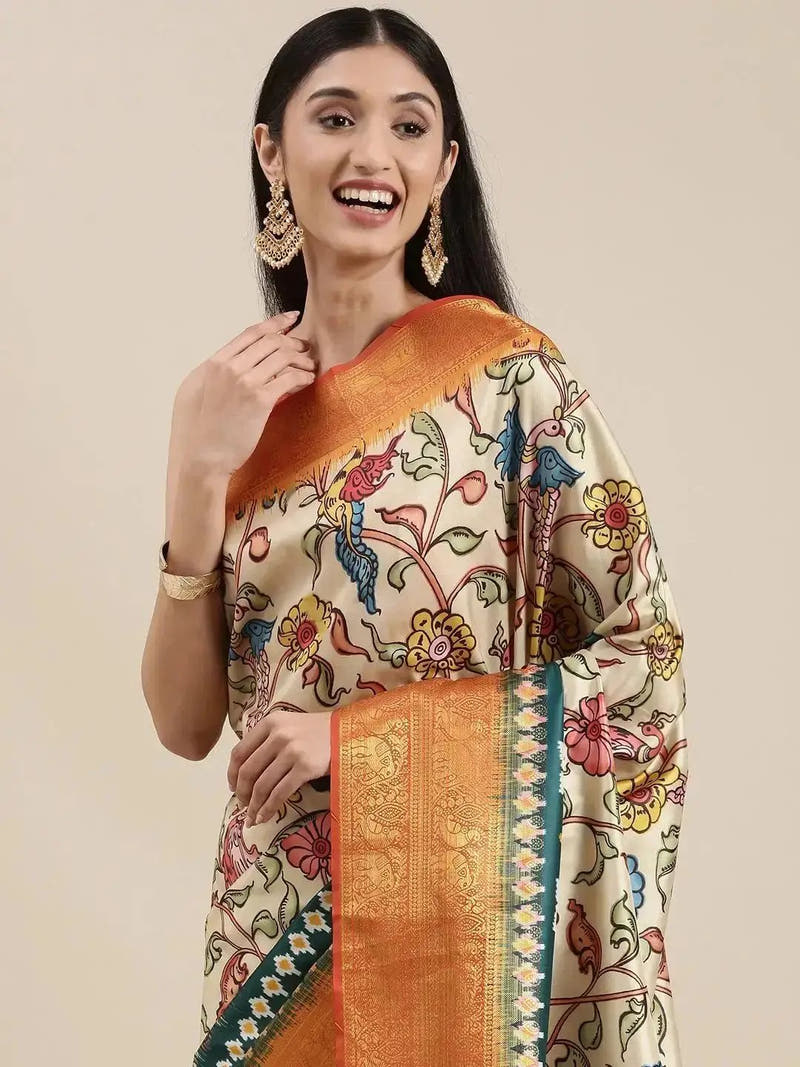Yellow Colour Kalamkari Print Kanjivaram Zari Silk Saree