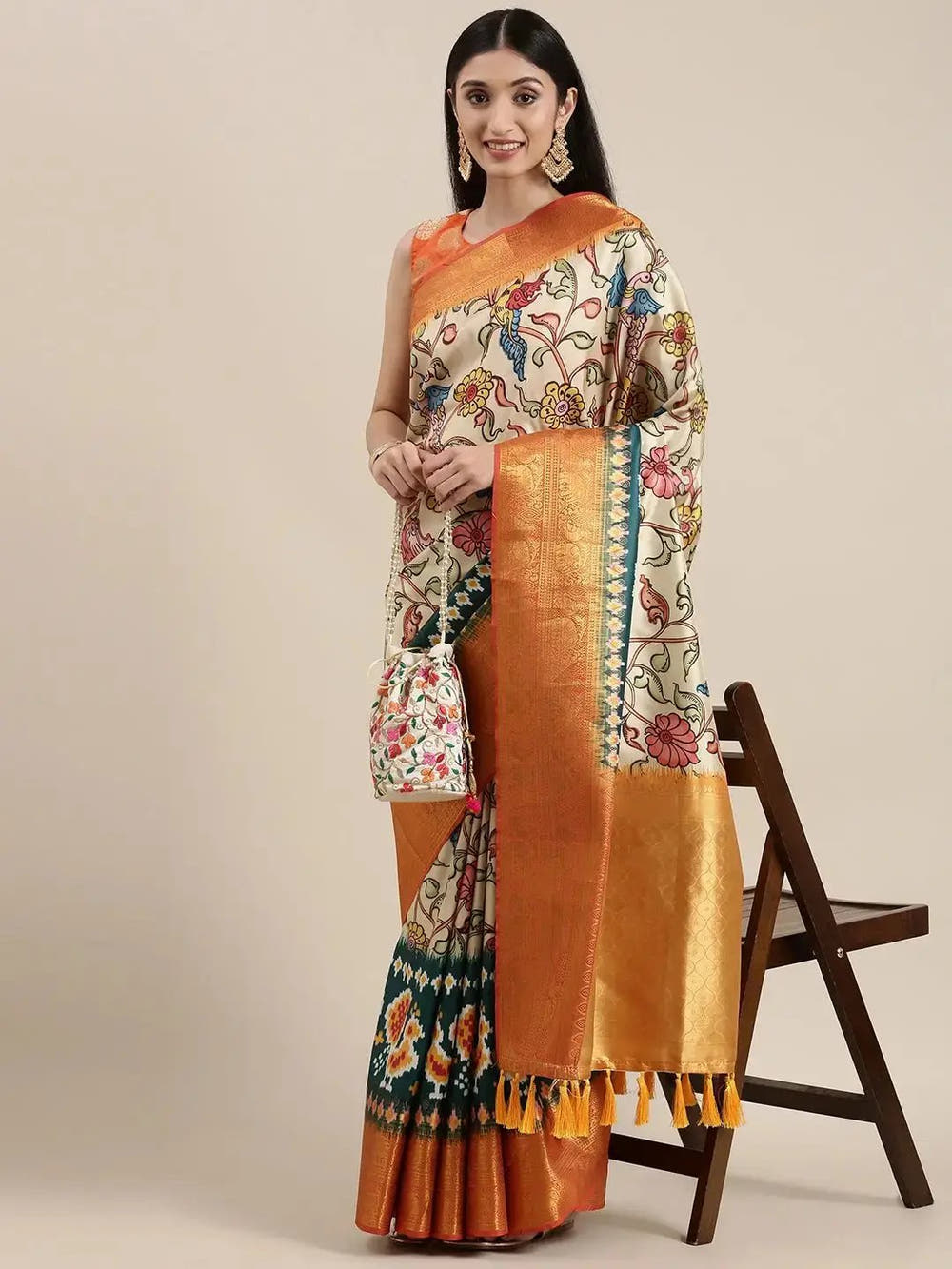 Yellow Colour Kalamkari Print Kanjivaram Zari Silk Saree