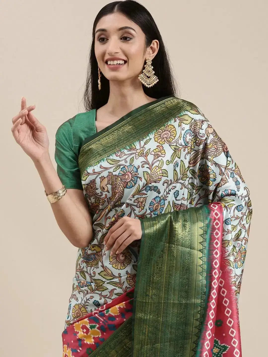Green Colour Kalamkari Print Kanjivaram Zari Silk Saree