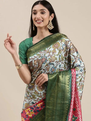 Green Colour Kalamkari Print Kanjivaram Zari Silk Saree