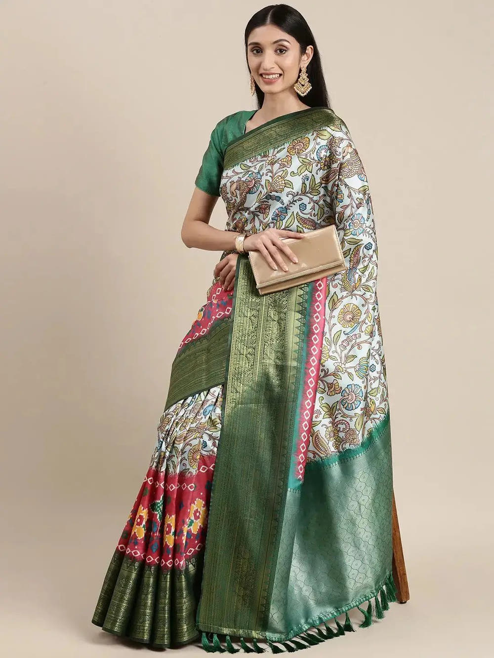 Green Colour Kalamkari Print Kanjivaram Zari Silk Saree