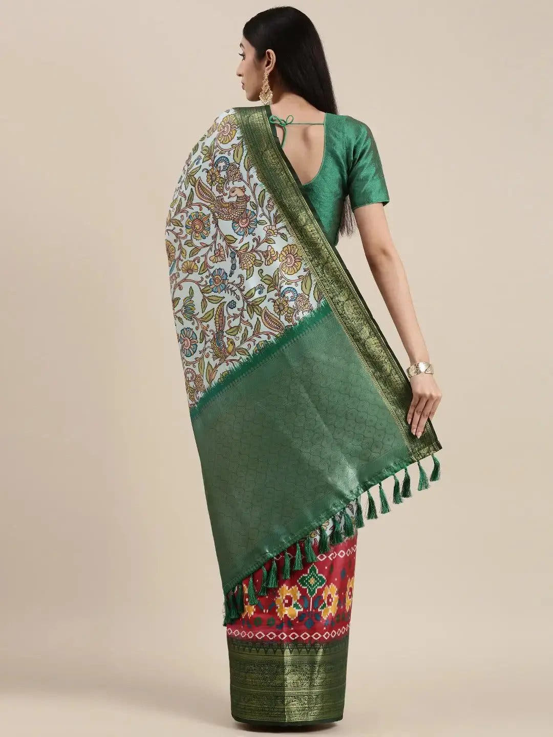 Green Colour Kalamkari Print Kanjivaram Zari Silk Saree
