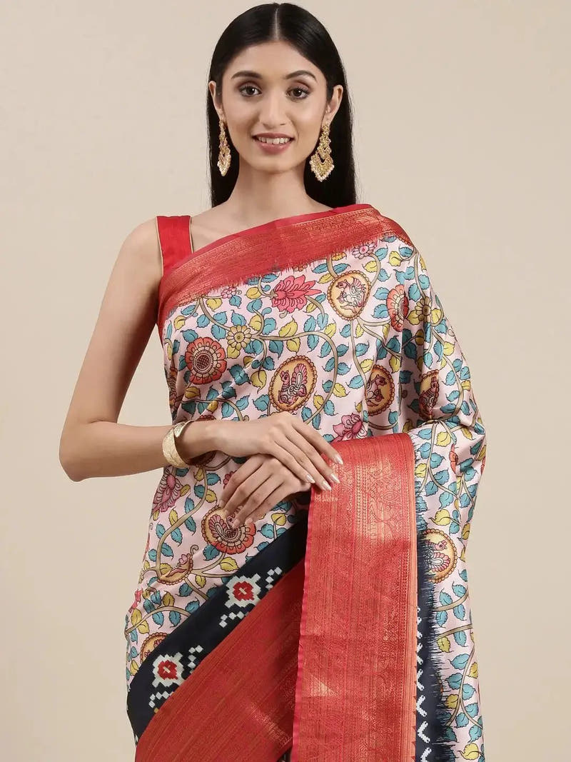 Pink Colour Kalamkari Print Kanjivaram Zari Silk Saree