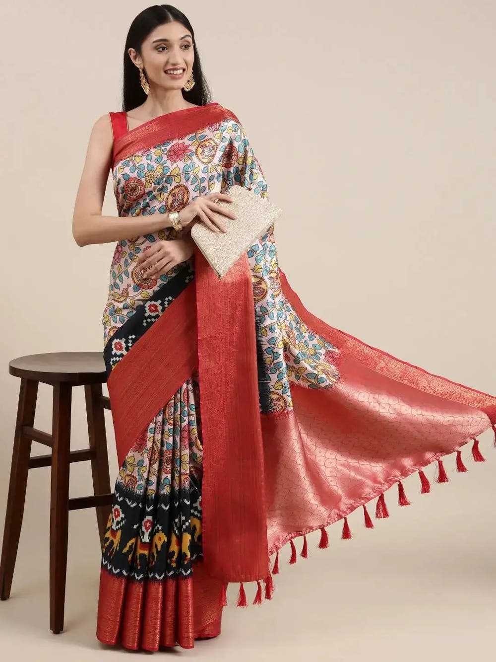 Pink Colour Kalamkari Print Kanjivaram Zari Silk Saree