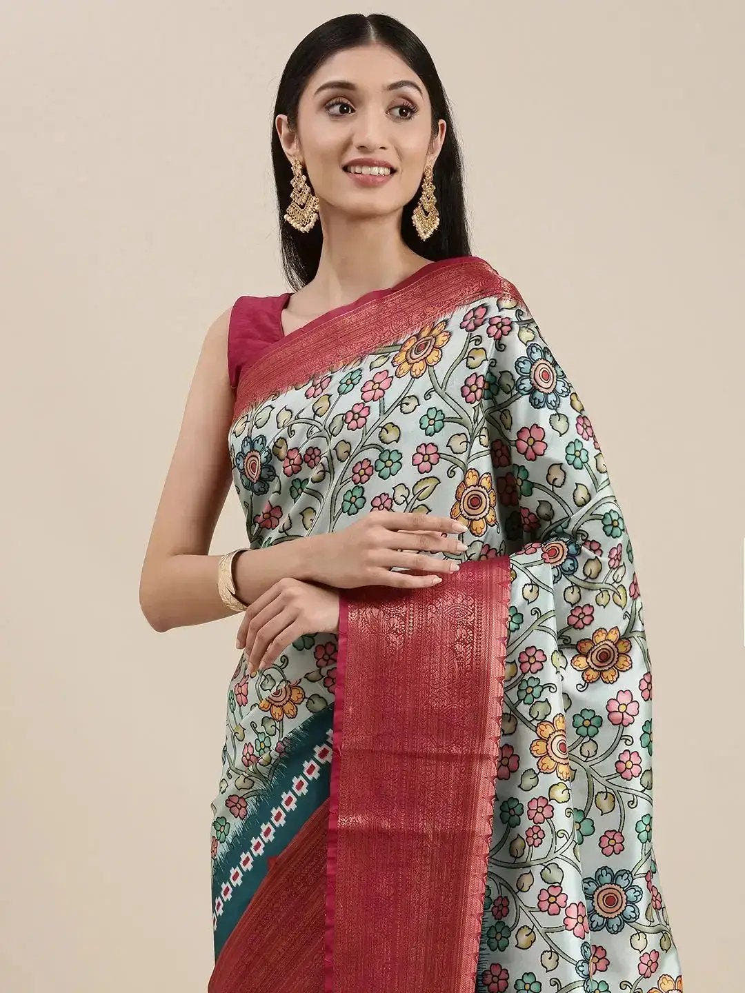 Sky Blue Kalamkari Print Kanjivaram Zari Silk Saree