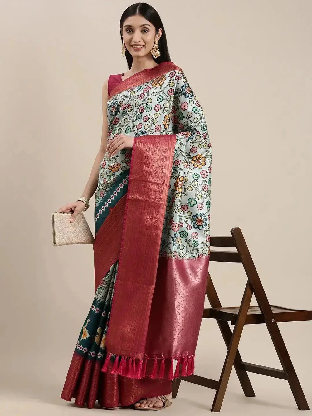 Sky Blue Kalamkari Print Kanjivaram Zari Silk Saree