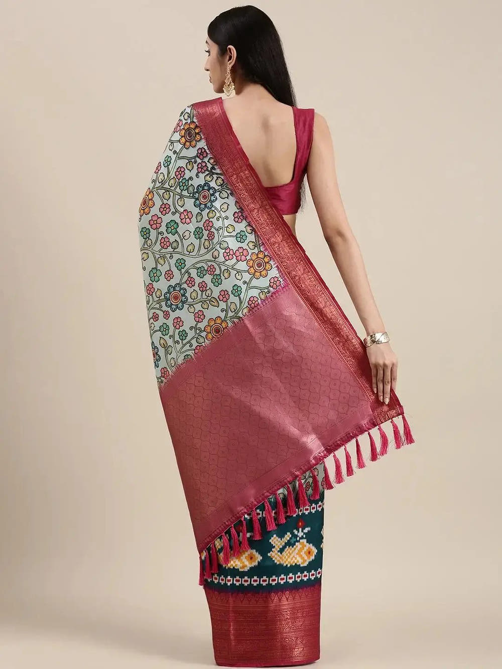 Sky Blue Kalamkari Print Kanjivaram Zari Silk Saree
