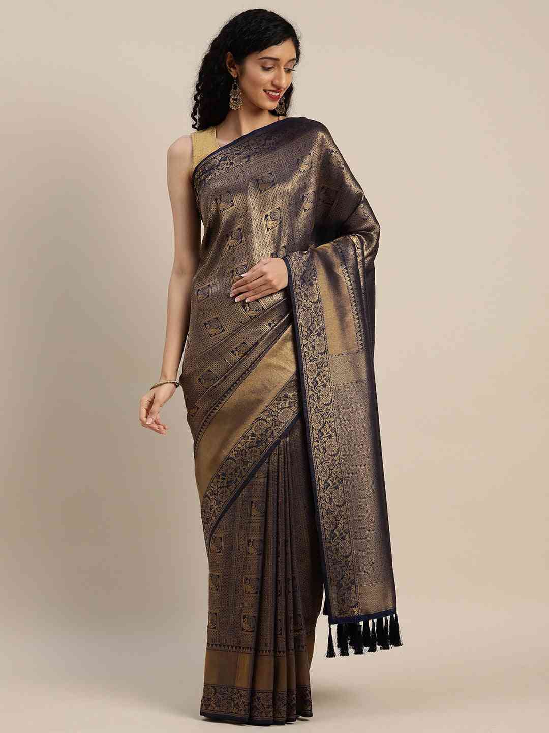 Stylish Navy Silk Blend Banarasi Saree with Exquisite Woven Design