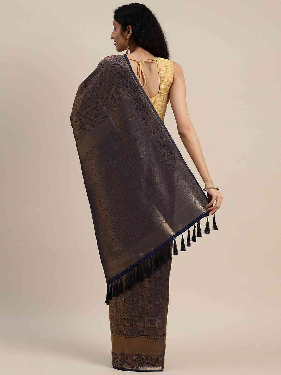 Stylish Navy Silk Blend Banarasi Saree with Exquisite Woven Design