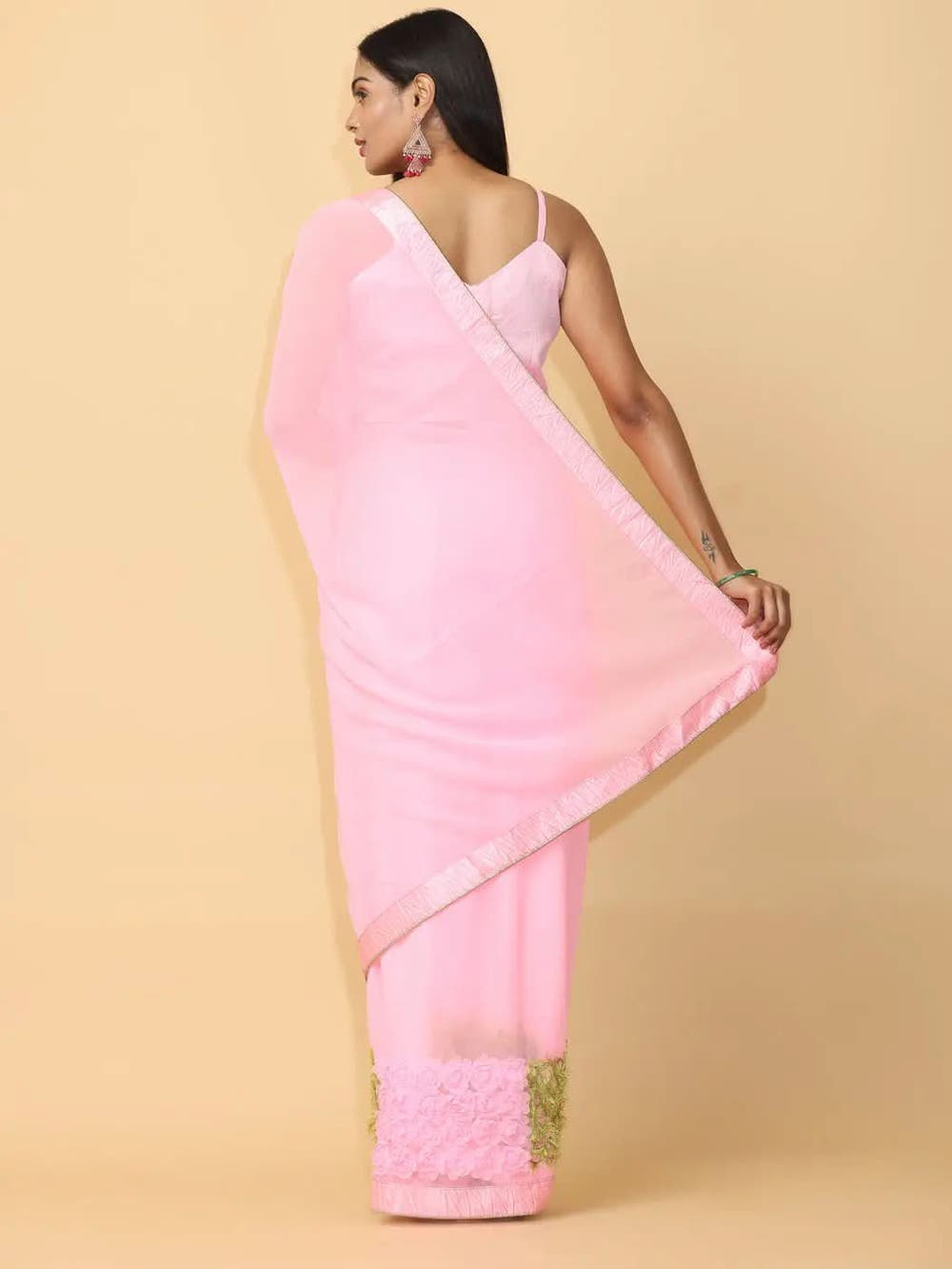 Ribbon Embroidered Poly Georgette Party Wear Saree