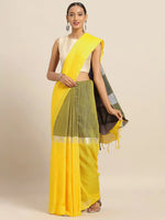 Stylish Yellow Linen Blend Woven Design And Zari Saree