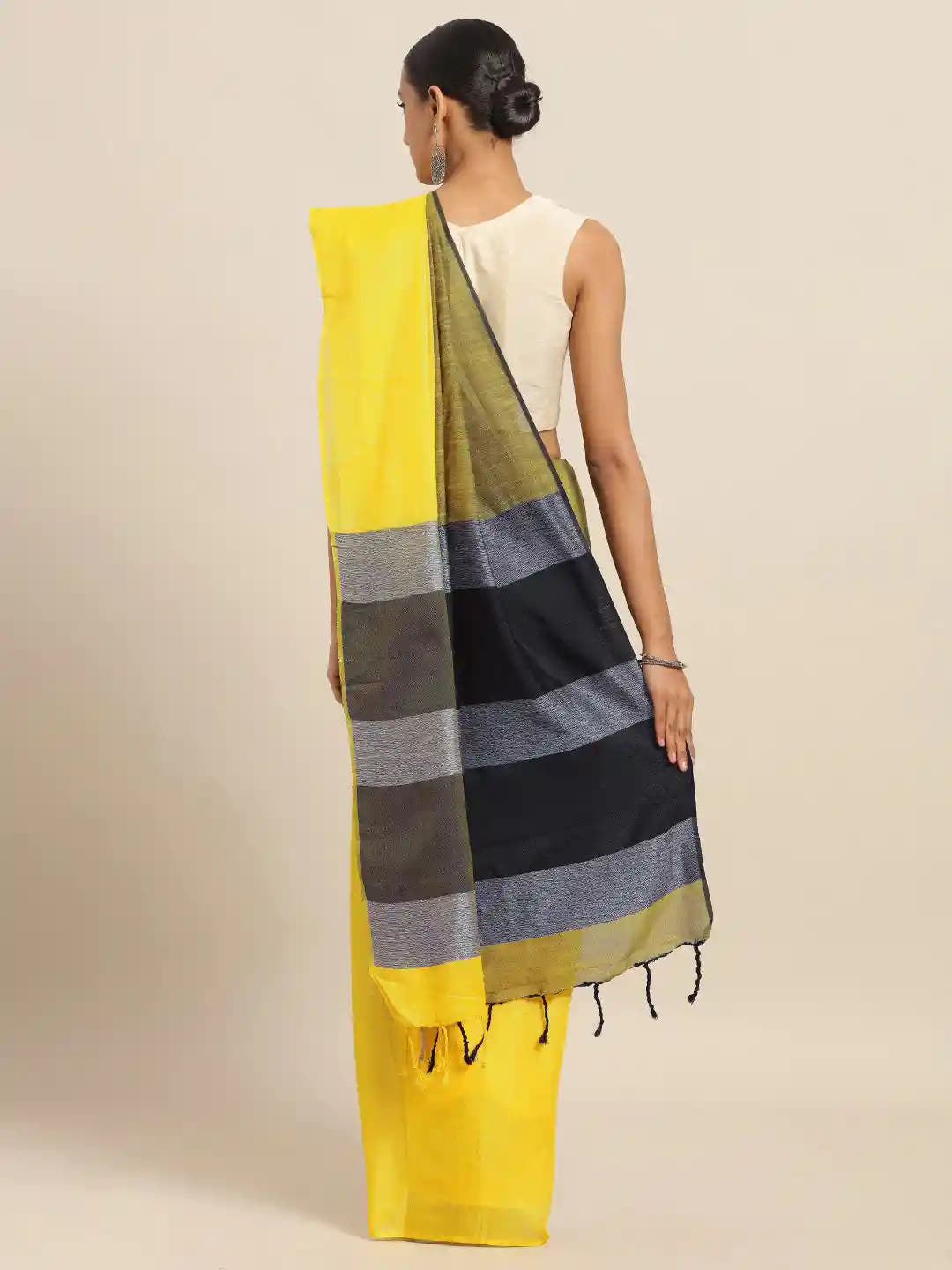 Stylish Yellow Linen Blend Woven Design And Zari Saree