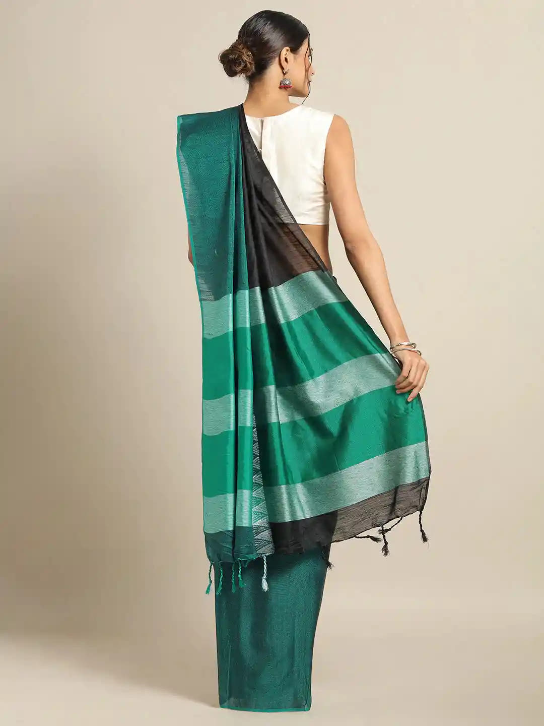 Stylish Green  Linen Blend Woven Design And Zari Saree