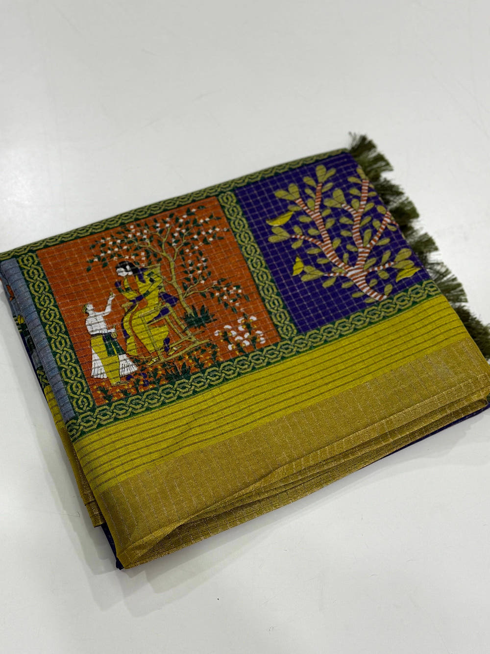 Royal Blue Tussar Kalalmkari Print Saree