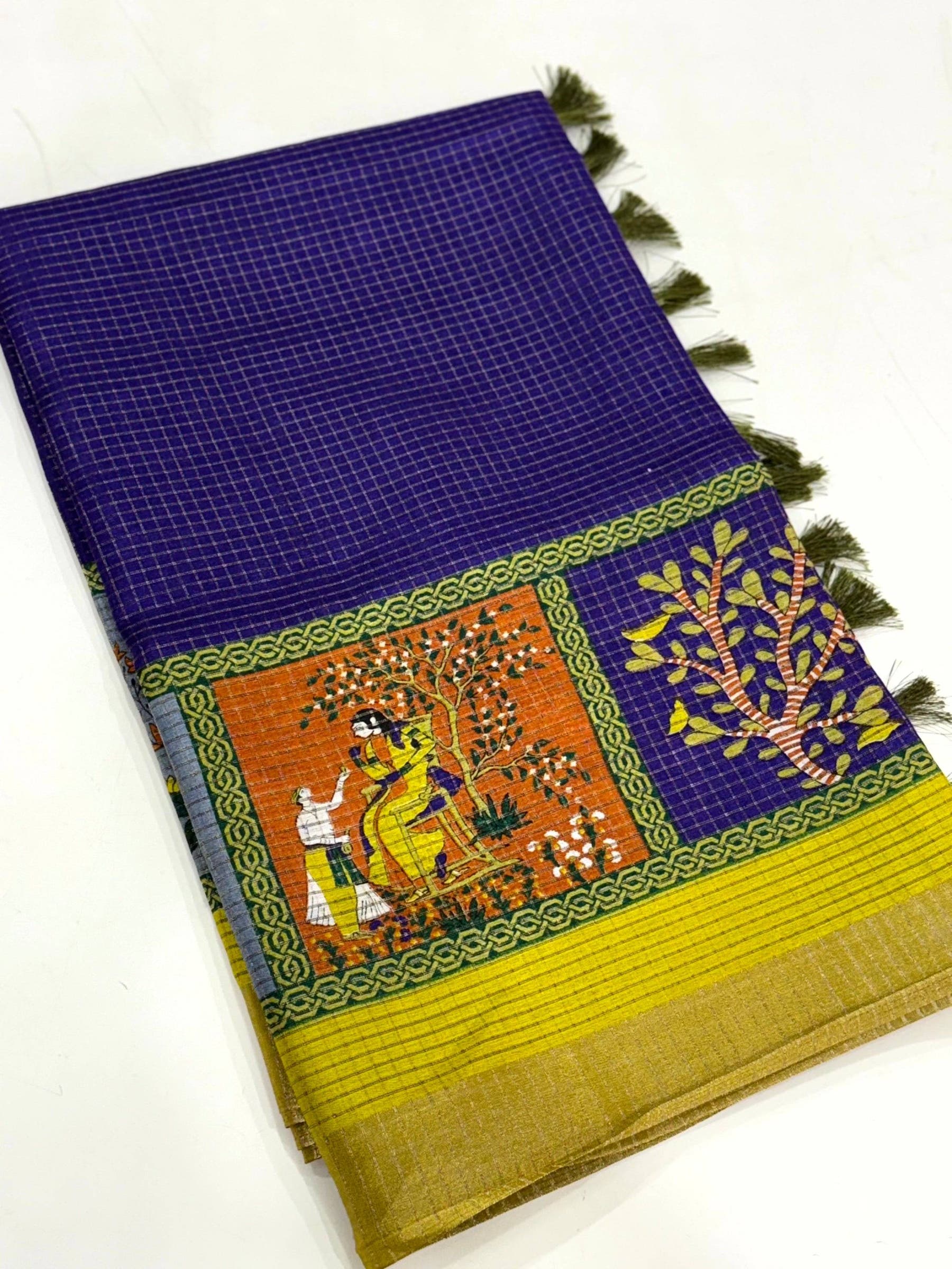 Royal Blue Tussar Kalalmkari Print Saree