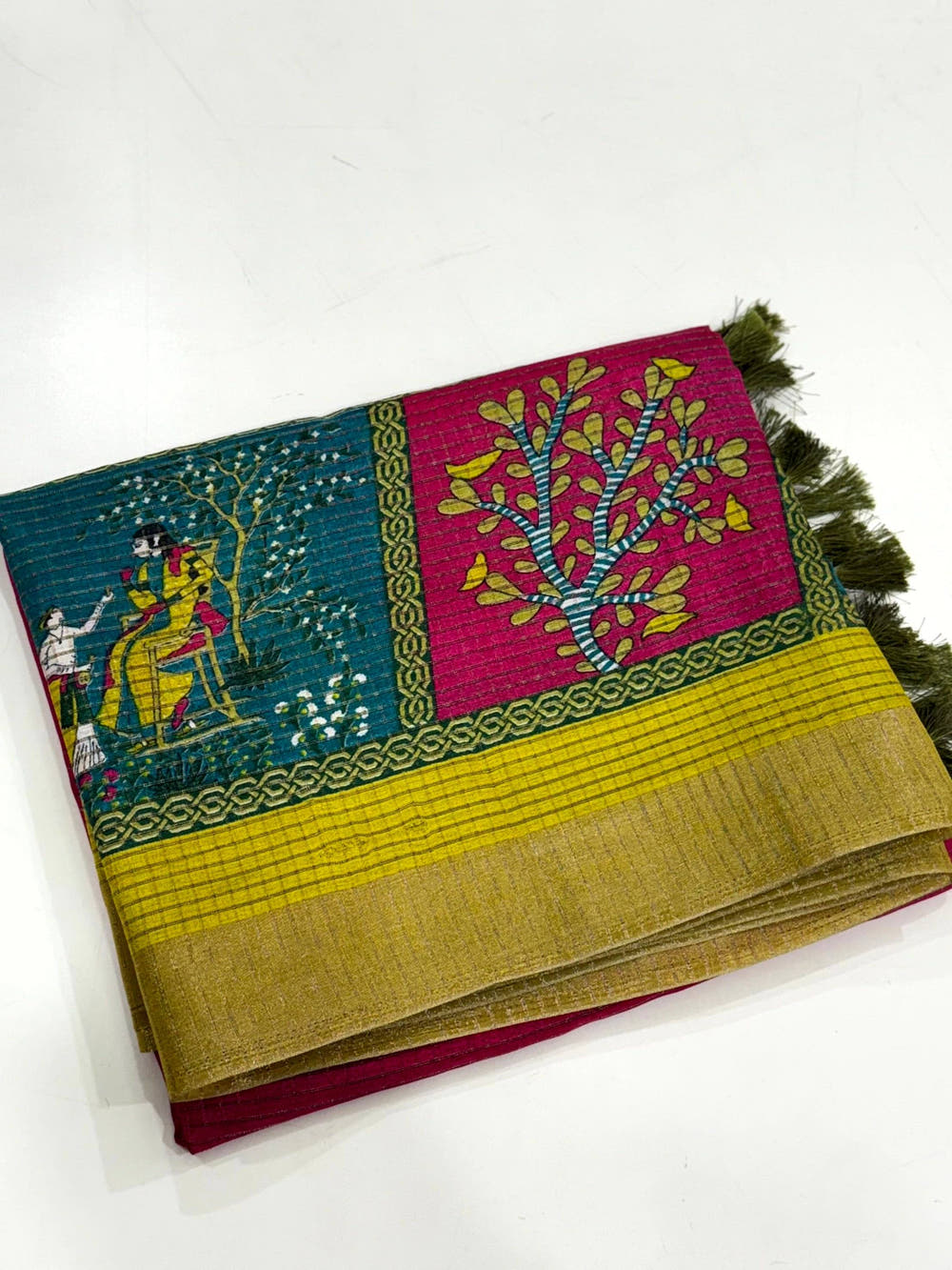 Magenta Tussar Kalalmkari Print Saree