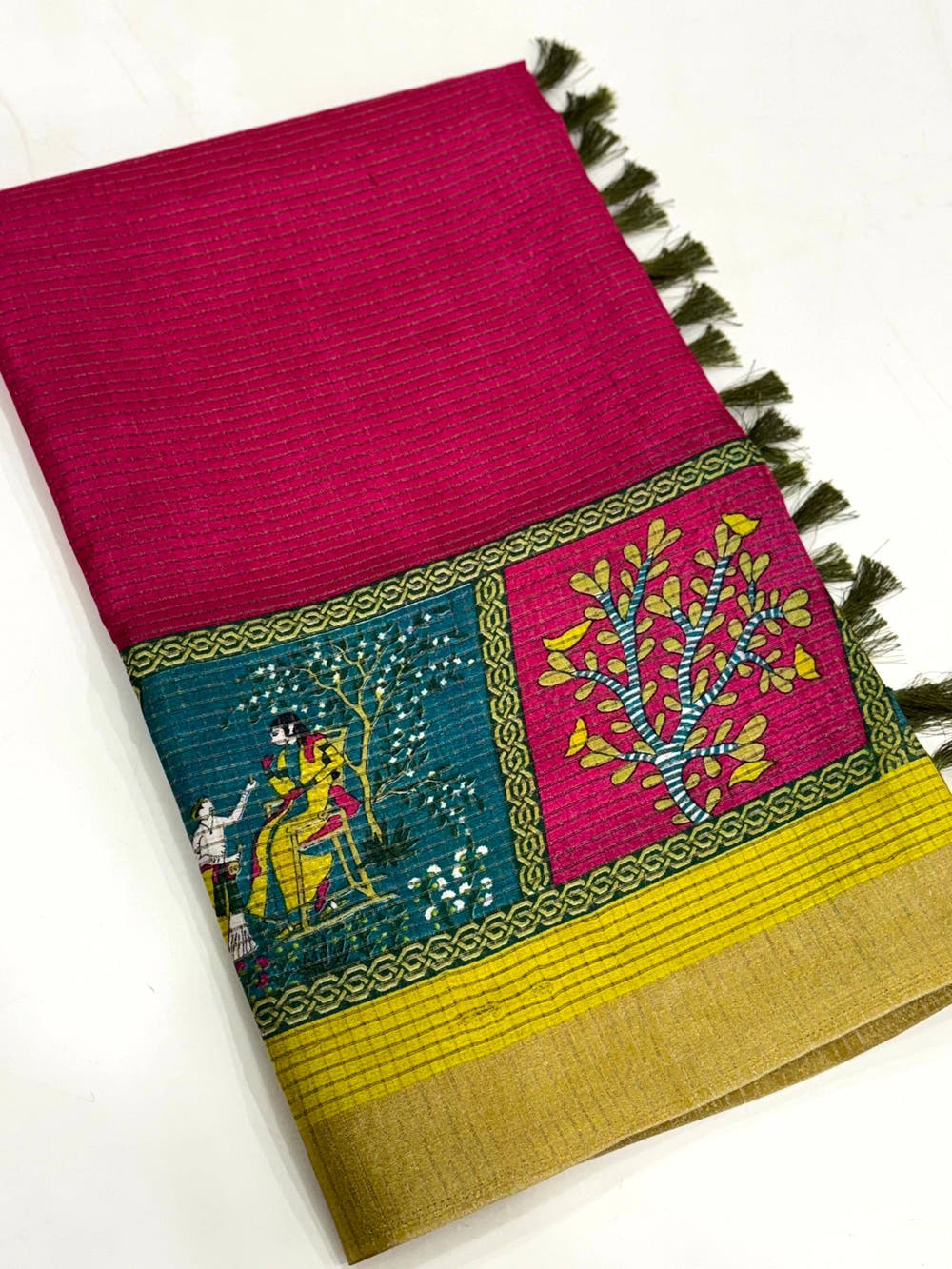 Magenta Tussar Kalalmkari Print Saree