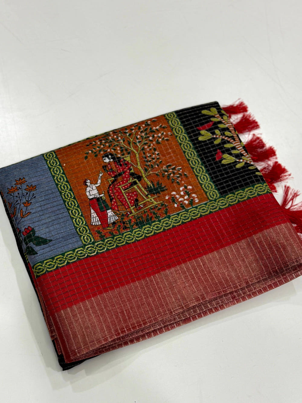 Black Tussar Kalalmkari Print Saree