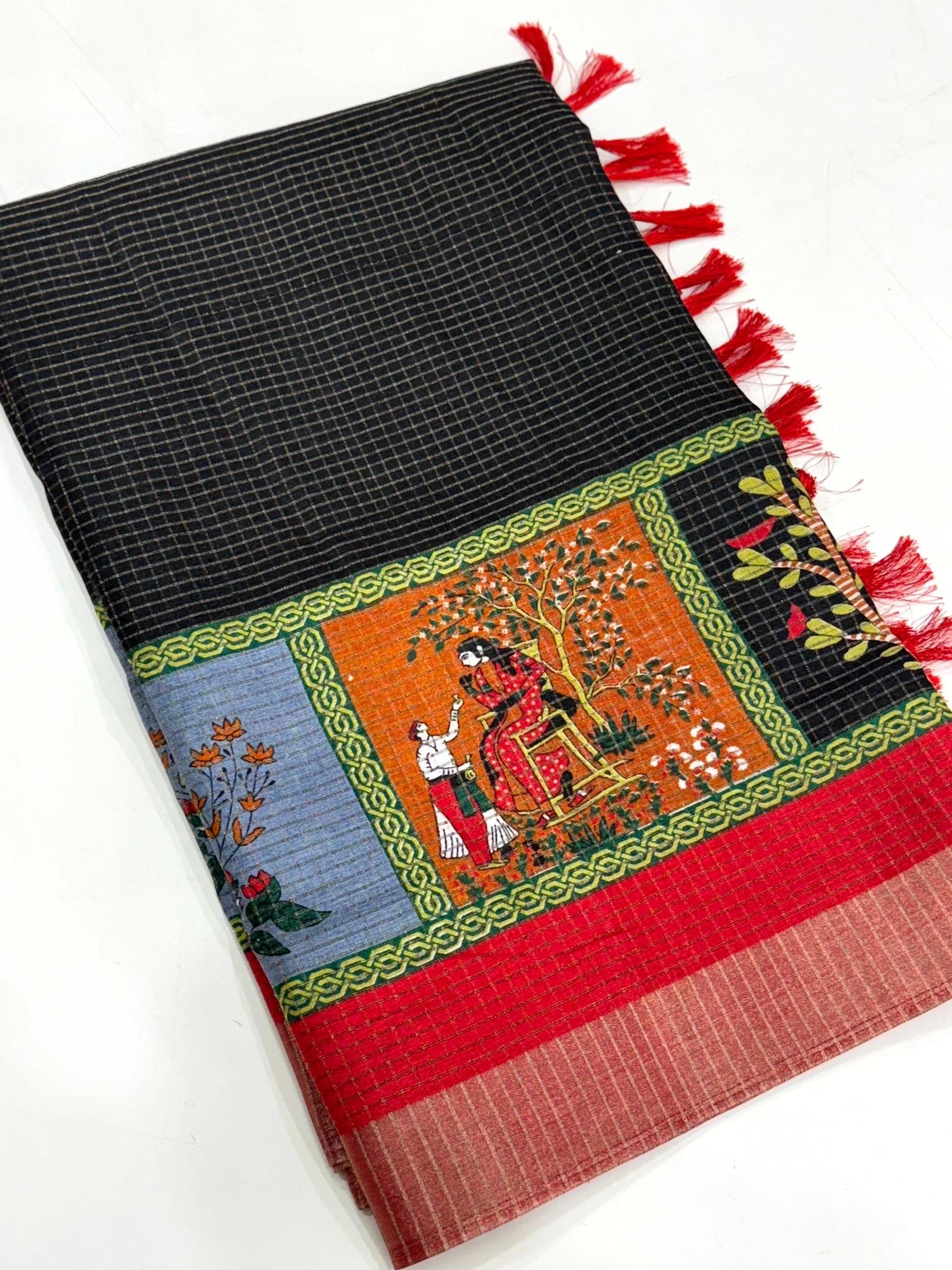 Black Tussar Kalalmkari Print Saree