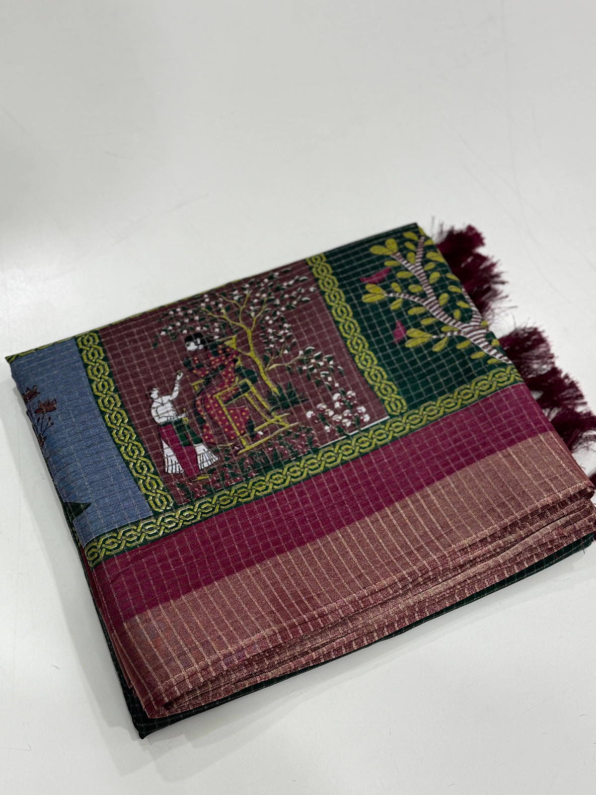 Bottle Green Tussar Kalalmkari Print Saree