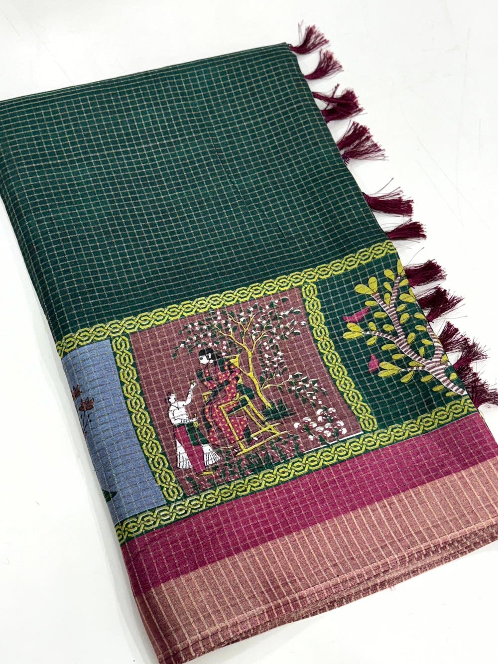 Bottle Green Tussar Kalalmkari Print Saree